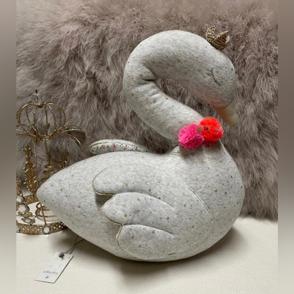 ALBETTA Premium Plush Swan.
with a gold crown and vibrant pink pom-poms